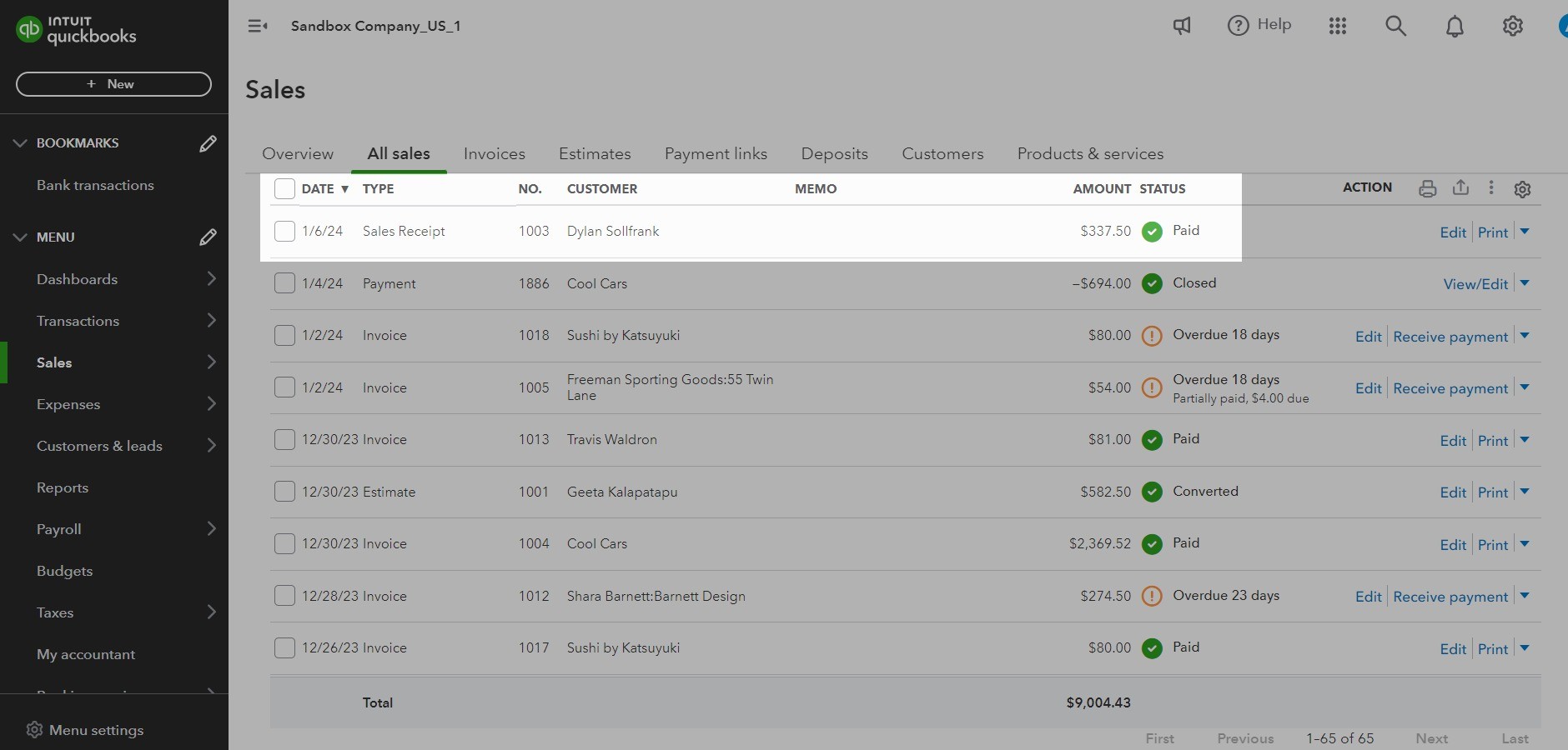 Acodei-generated sales receipts show under All Sales in QuickBooks